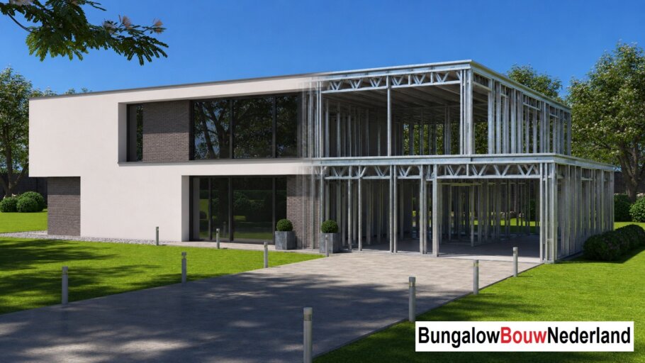Moderne woning in staalframebouw waarbij de prefab staalconstructie vloeiend overgaat in de gerealiseerde luxe woning met moderne architectuur