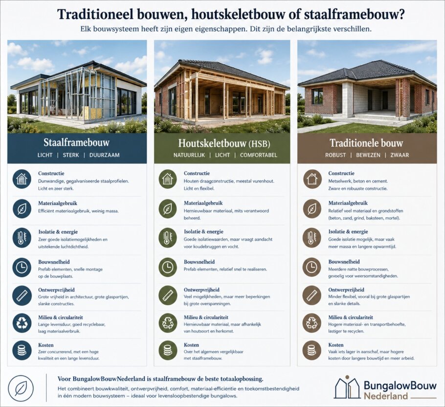 Vergelijking staalframebouw, houtskeletbouw en traditionele bouw voor een bungalow