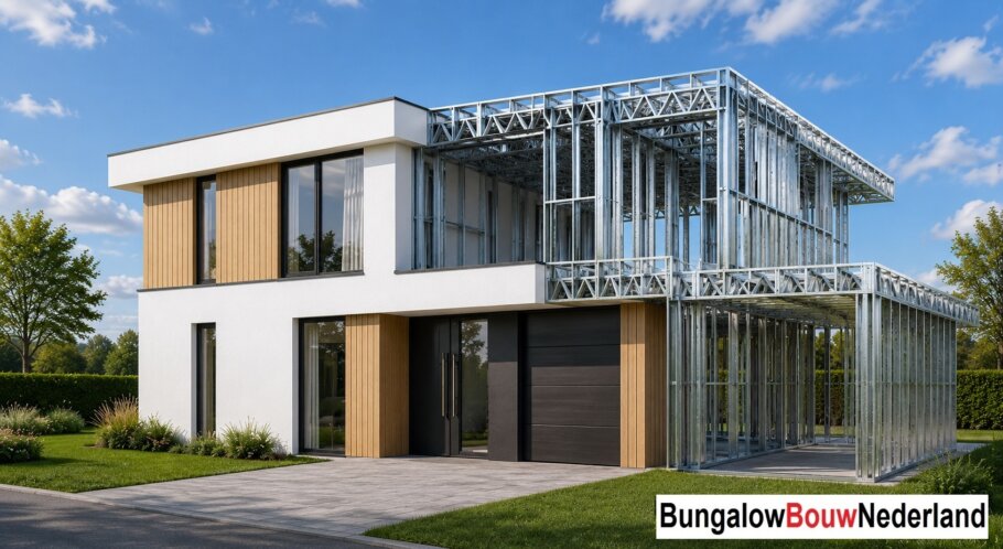 Moderne woning in staalframebouw waarbij de prefab staalconstructie vloeiend overgaat in de gerealiseerde luxe woning met moderne architectuur