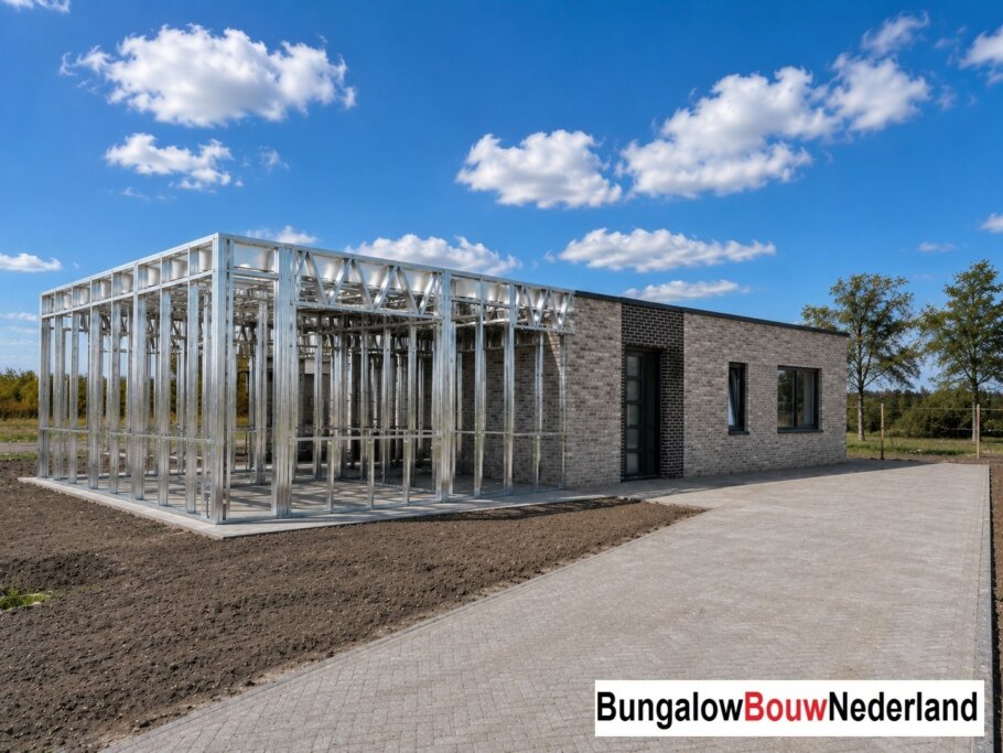 Moderne woning in staalframebouw waarbij de prefab staalconstructie vloeiend overgaat in de gerealiseerde luxe woning met moderne architectuur