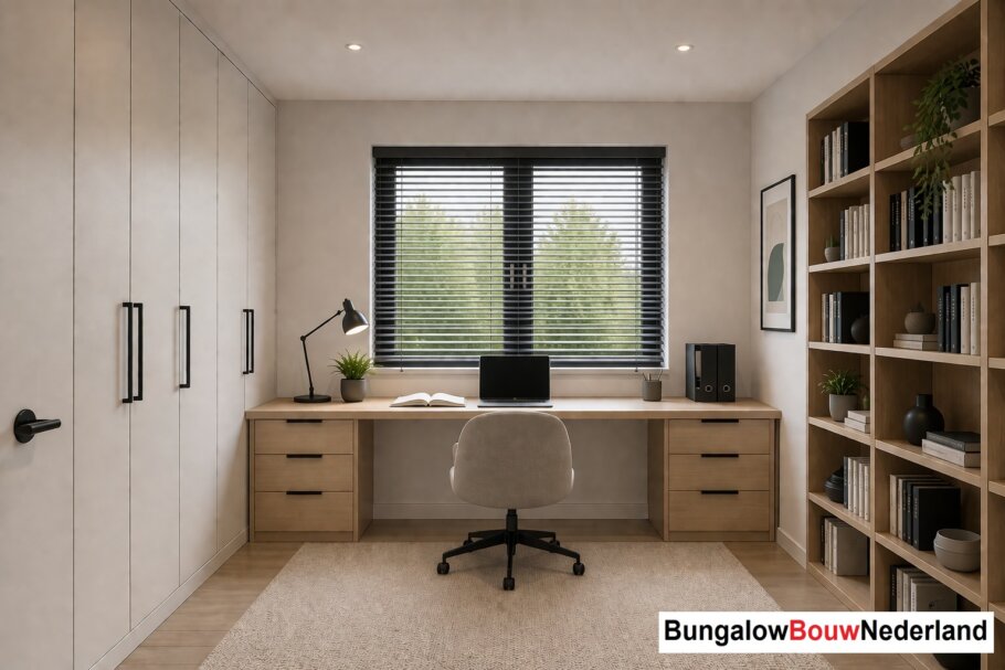 Onderhoudsarme gelijkvloerse bungalow met licht hellend dak en gestuukte gevel met houten accenten als bekleding
