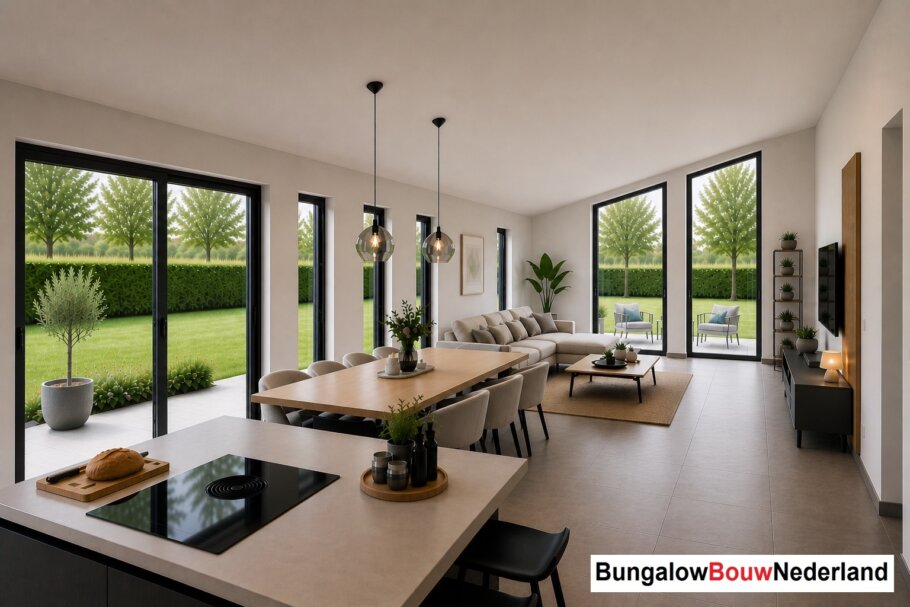 Onderhoudsarme gelijkvloerse bungalow met licht hellend dak en gestuukte gevel met houten accenten als bekleding