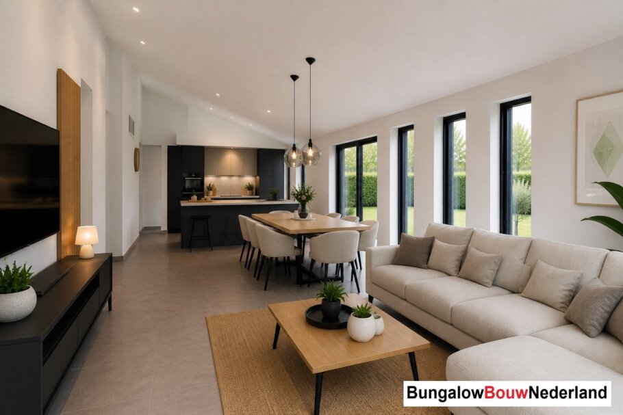 Onderhoudsarme gelijkvloerse bungalow met licht hellend dak en gestuukte gevel met houten accenten als bekleding
