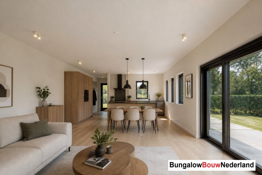 Onderhoudsarme gelijkvloerse bungalow met licht hellend dak en gestuukte gevel met houten accenten als bekleding