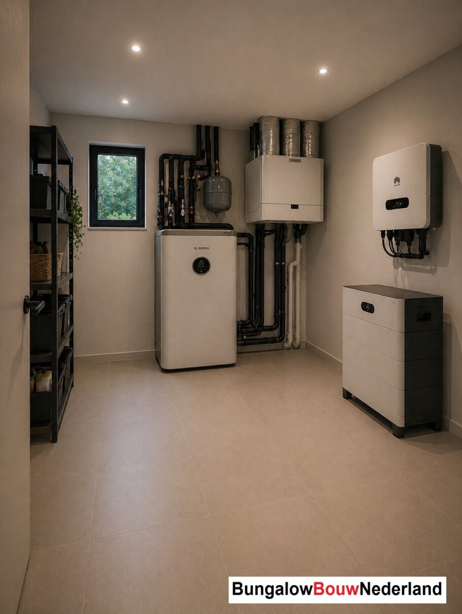 Onderhoudsarme gelijkvloerse bungalow met licht hellend dak en gestuukte gevel met houten accenten als bekleding