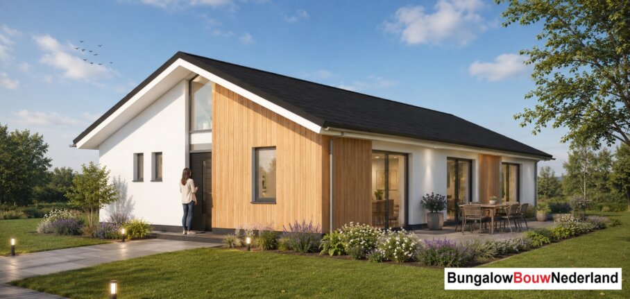 Onderhoudsarme gelijkvloerse bungalow met licht hellend dak en gestuukte gevel met houten accenten als bekleding