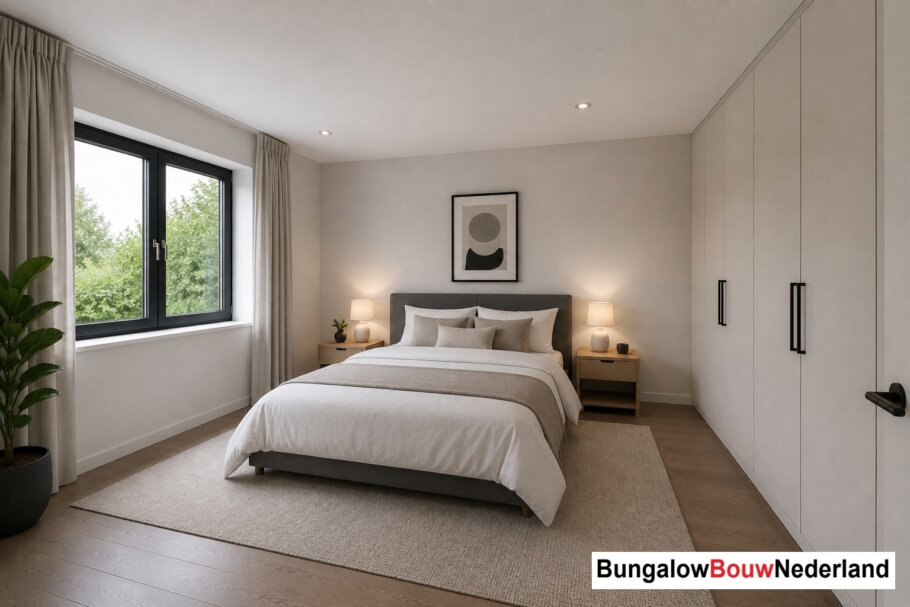 Onderhoudsarme gelijkvloerse bungalow met licht hellend dak en gestuukte gevel met houten accenten als bekleding