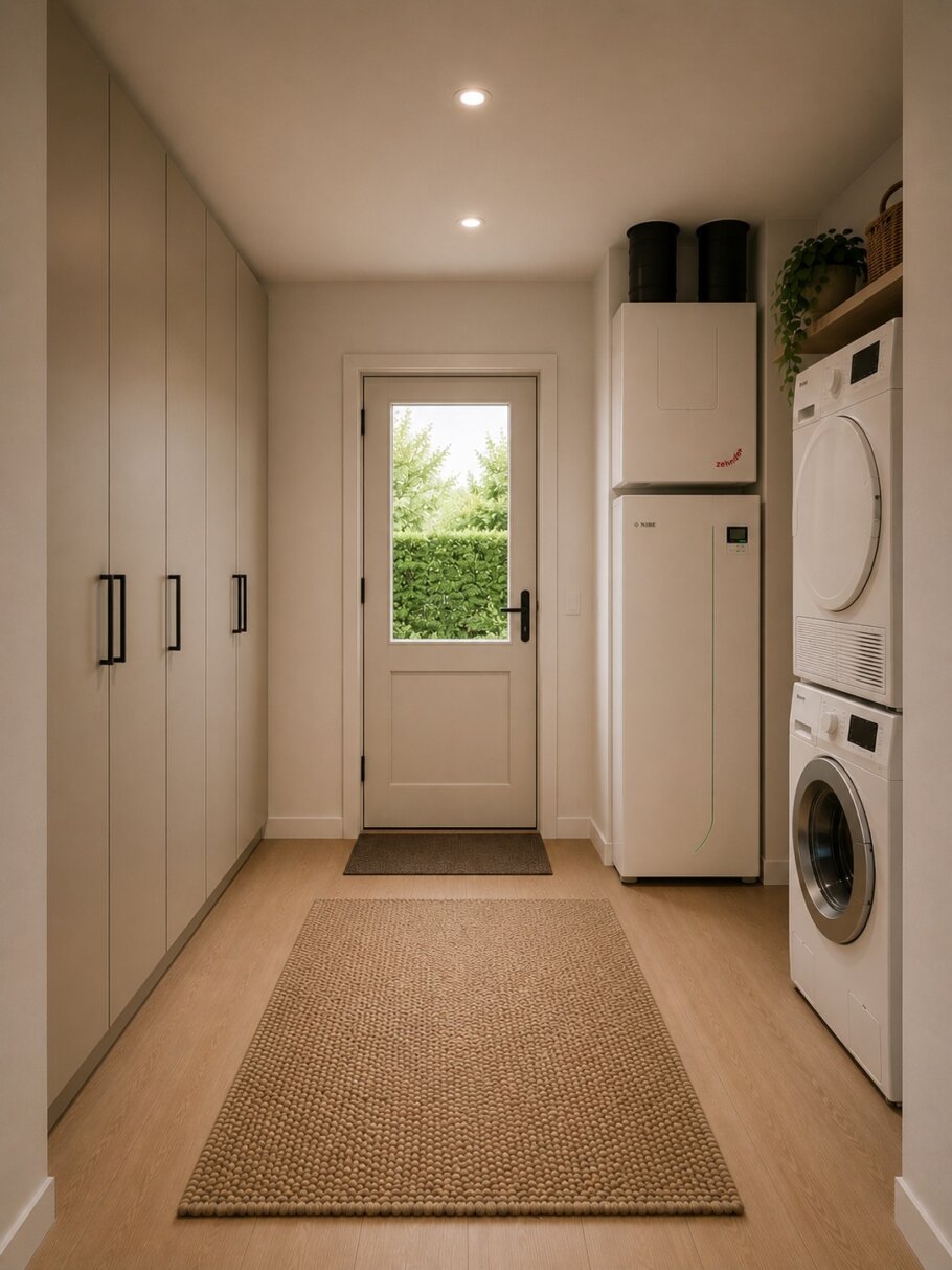 Modern interieur van een gelijkvloerse bungalow met leefkeuken en grote raampartijen